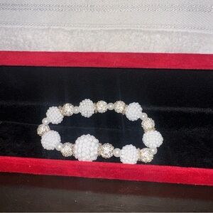White Pearl Beaded Stretch Bracelet with Gold-Tone Accents